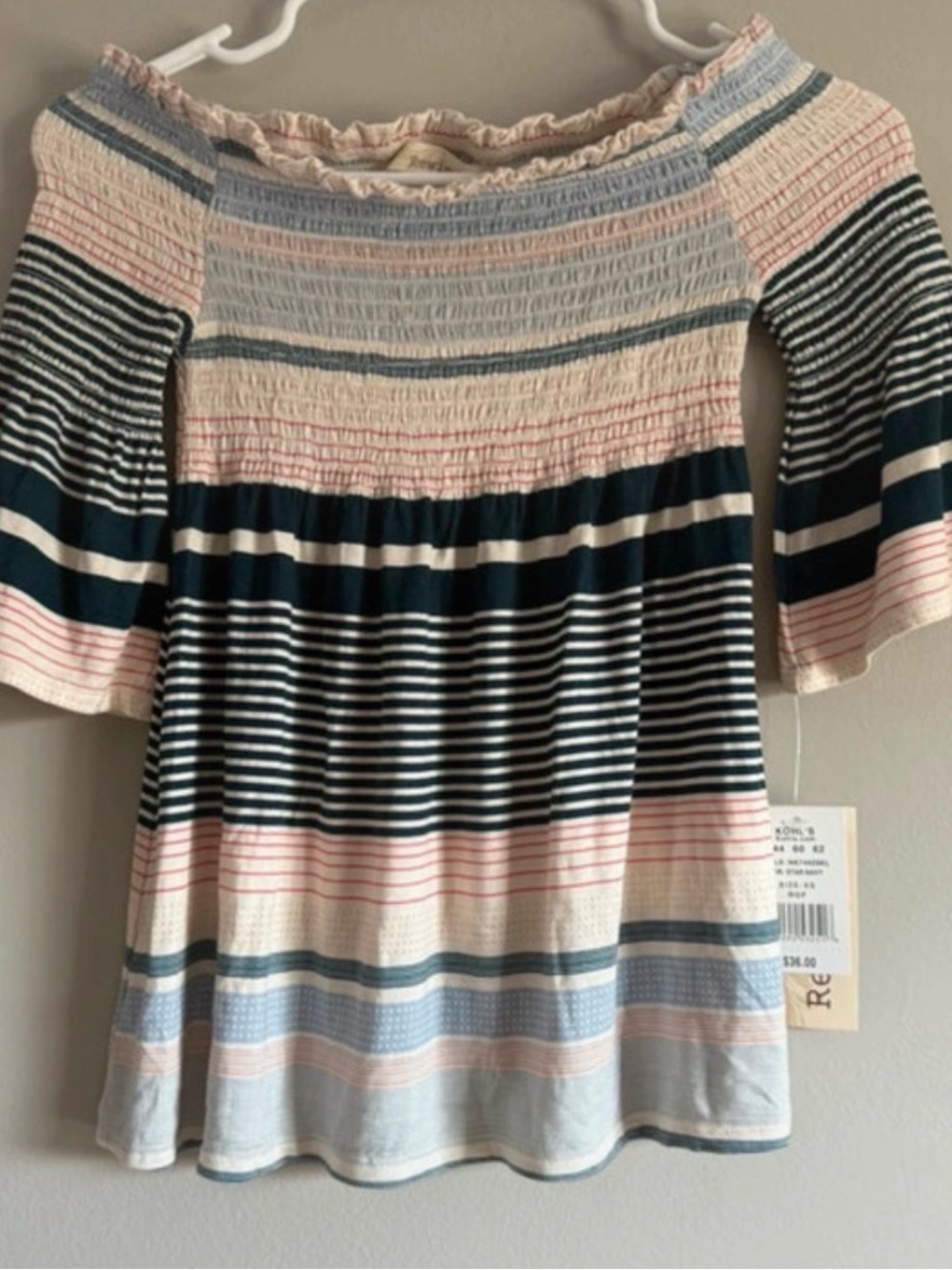 Kohl's Striped Off-Shoulder Dress in Navy, Light Blue, Cream & Blush